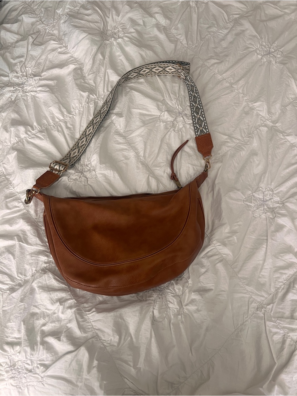 Anthropologie Tan Leather Crescent Crossbody with Patterned Strap
